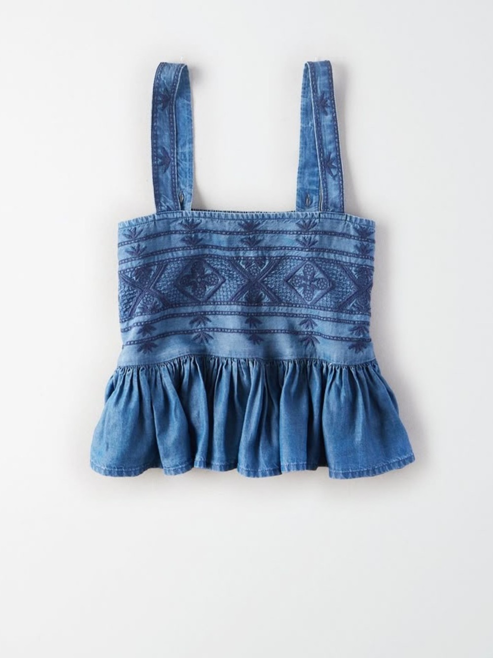American Eagle |Blue Denim Crop Embroidered Peplum Camisole Frill Hem Size Small